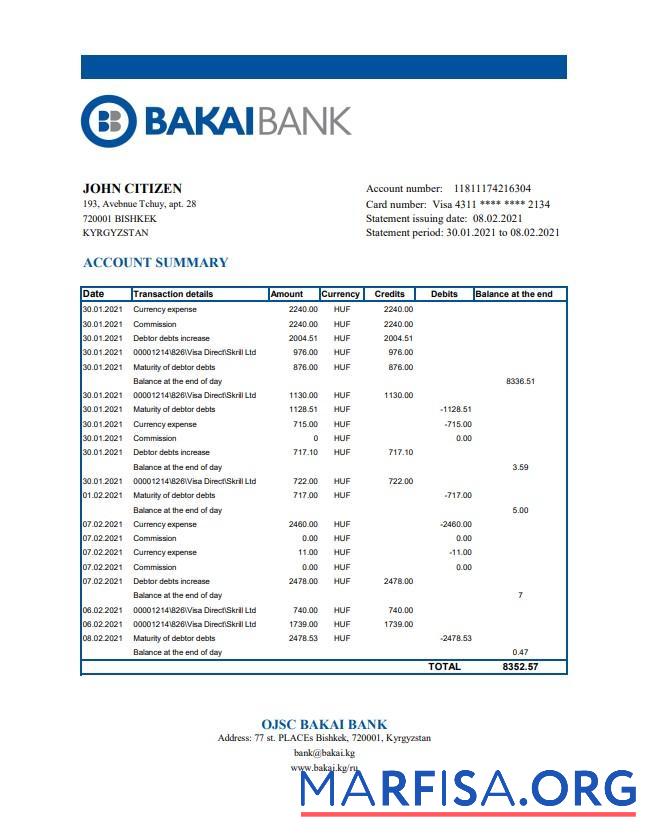 Realistic Kyrgyzstan OJSC Bakai bank statement excel sample